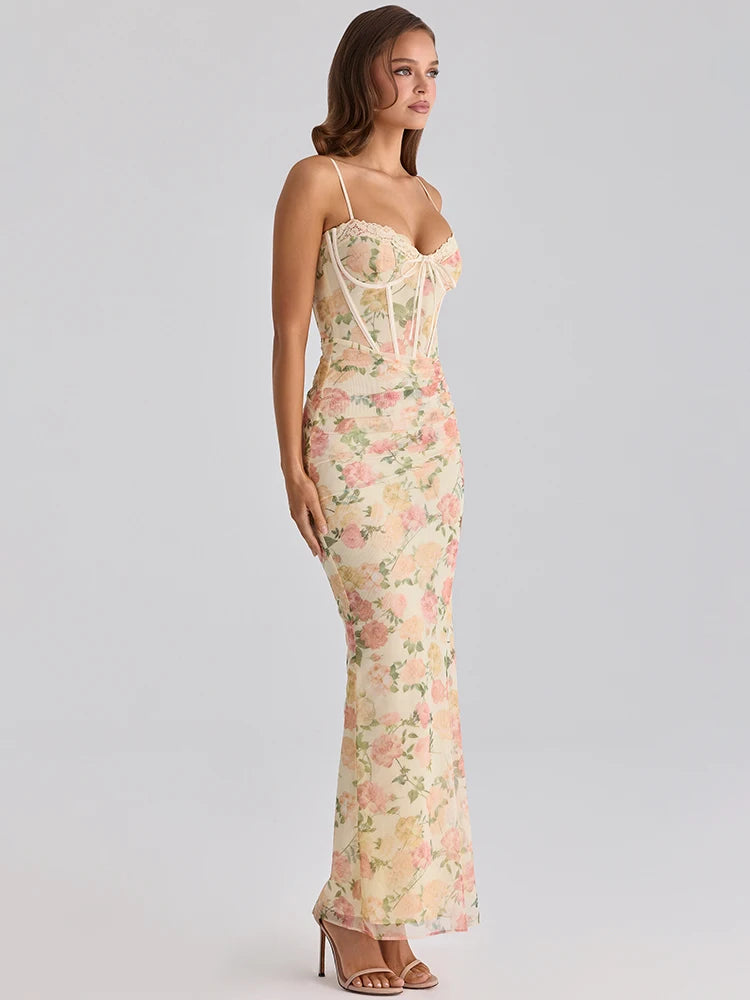 Spaghetti Strap Backless Print Sexy Maxi Dress Women Elegant Patchwork Sleeveless Bodycon Floral Print Club Party Dress