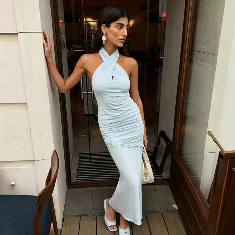 Cross-halter Ruched Maxi Dress Elegant for Woman Wedding Guest Party Dresses
