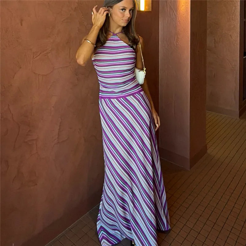 Elegant Y2K Striped Halter Neck Maxi Dress Summer Backless Tie-Up Cross Strap Sleeveless A-Line Sundress for Women