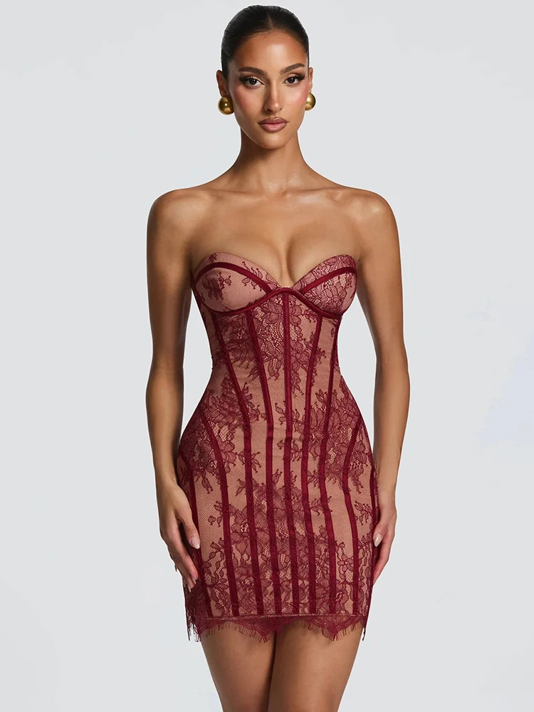 Lace Strapless Mermaid Mini Dress Women Sweetheart Neck Sheer Mesh Bodycon Short Gown Evening Party Cocktail Vestidos