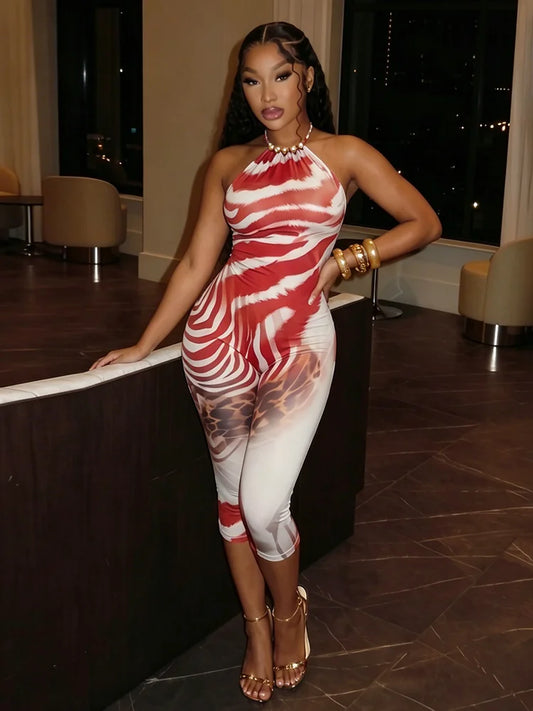 Halter Backless Rompers Woman Summer Zebra Stripes Patchwork Sleeveless Skinny Peach Hip Streetwear Sexy Playsuit