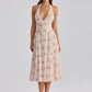 Halter Floral Print Sexy Midi Dress Women Elegant Deep V Neck Off-shoulder Sleeveless Backless Pleated Club Party Dress