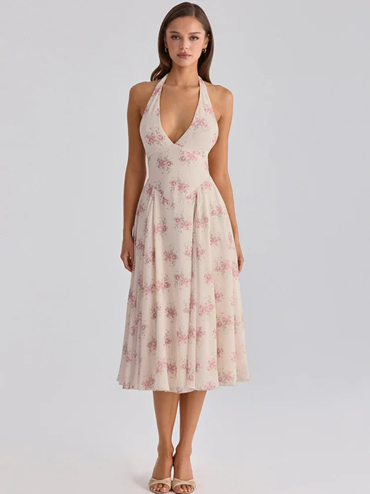 Halter Floral Print Sexy Midi Dress Women Elegant Deep V Neck Off-shoulder Sleeveless Backless Pleated Club Party Dress