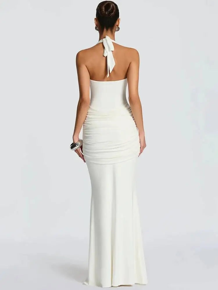 Halter Backless Sexy Maxi Dress Women Elegant V Neck Sleeveless Draped Ruched Bodycon Club Party Long Dress Female