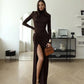 Long Party Elegant Dress Turtleneck Long Sleeve High Split Maxi Dresses Women Clothing Winter