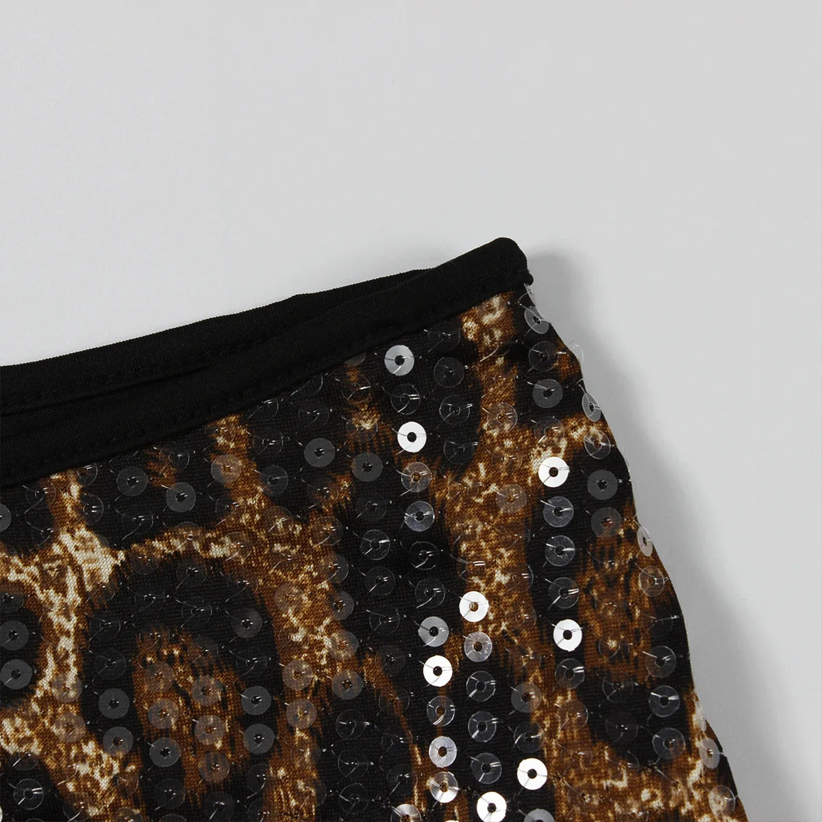 Leopard Print Sexy Wild 2 Piece Set Women Shiny Sequins Low-Neck Shirring Splits Tops+Skinny Skirts Club Party Suits