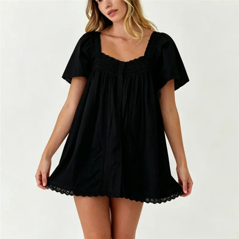 Square Neck Eyelet Lace Mini Dress Women Flutter Short Sleeve Front Button Pleated Loose Babydoll Summer Vacation Dress