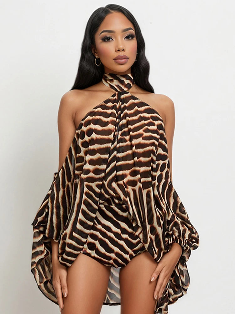 Tiger Print 2-Piece Set Women Halter Bandage Off-Shoulder See Through Lantern Sleeve Vest+Simple Short Sexy Suits