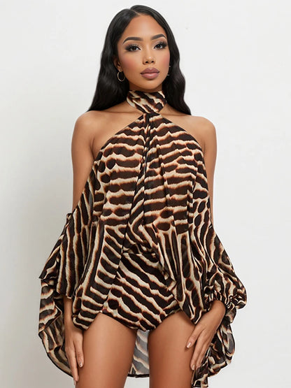 Tiger Print 2-Piece Set Women Halter Bandage Off-Shoulder See Through Lantern Sleeve Vest+Simple Short Sexy Suits