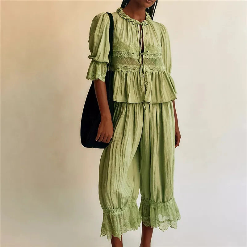 Women Lace Trim 2 Piece Pajamas Sets Y2k Bow Tie Front Short Sleeve Shirts + Ruffle Flared Lantern Pants Loungewear