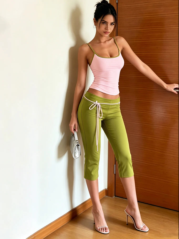 Sweet Hottie 2 Piece Set Women Simple Low-Neck Line-Patchwork Tank Top+Bandages Bow Capri Pants Fashion Street Suits