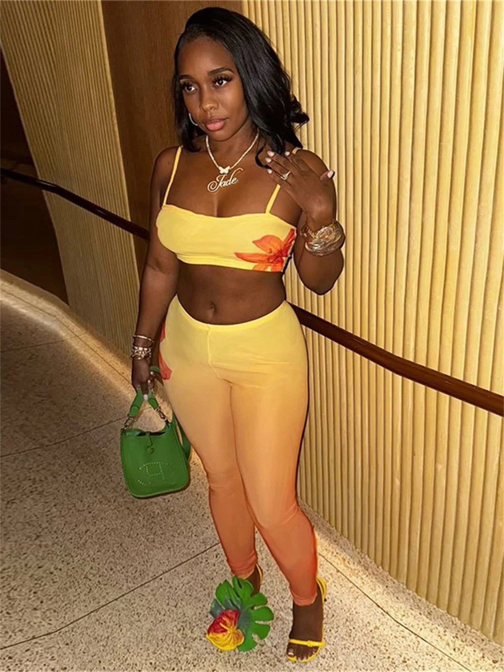 Gradient Print 2 Piece Women Sexy Tracksuit Hipster Summer Camisole+Leggings Skinny Stretch Matching Vacation Outfits