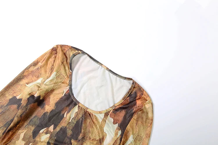 Tie Dye Elegant Maxi Dress Women U-Neck Long Sleeve Sexy Autumn Trend Simple Evening Stretchy Skinny Clubwear Bodycon