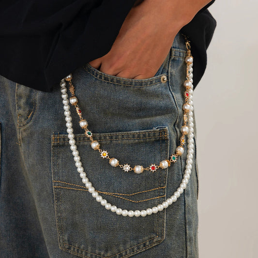 Simple Imitation Pearl Rhinestone Waist Chain Men Vintage Gold Color Beads Jeans Key Wallet Chain Hip-hop Jewelry Gift