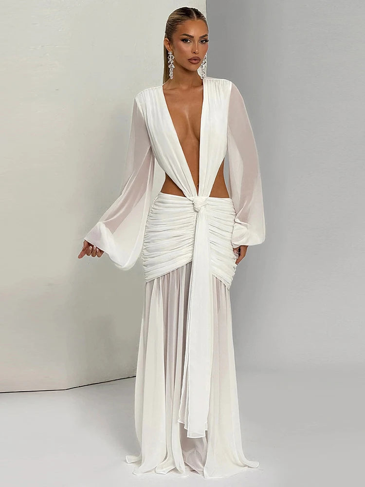Sexy See Through Dress Women Deep V-Neck Full Sleeve Hollow Waistless Ruched Knot Ribbon Street Elegant Long Bodycon