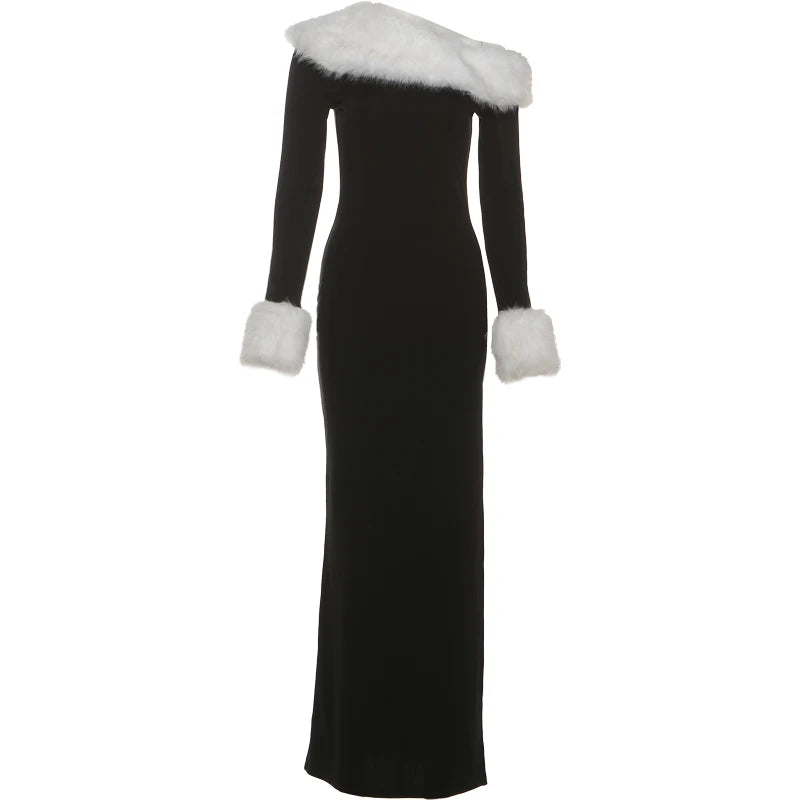 Furry Patchwork Christmas Dress Women Winter Elegant Trend Diagonal Collar Split Hem Full Sleeve Party Club Vestidos