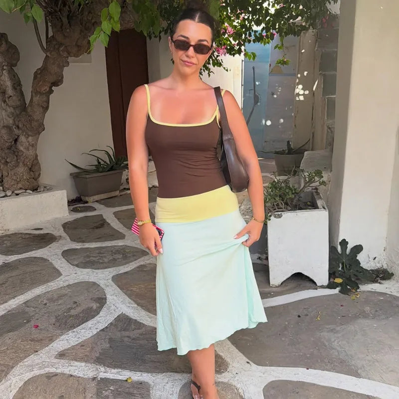 Colorblock Long Summer Dress 2026 Fashion Casual Spaghetti Strap Backless A-line Dresses