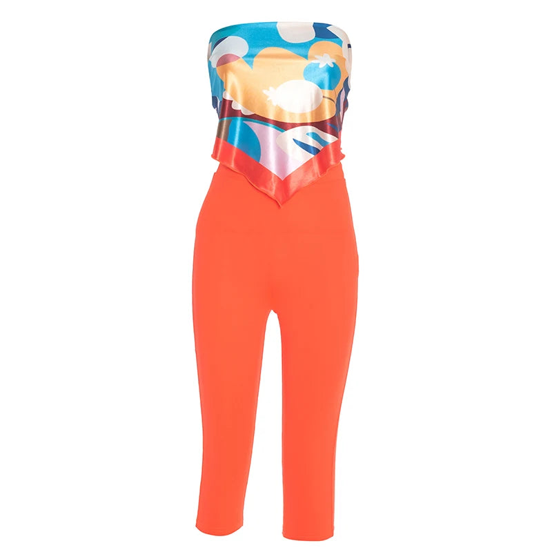 Sexy Hipster Women 2 Piece Set Y2K Strapless Colorful Belly Tops+Bike Shorts Tight Stretch Midnight Clubwear Outfits