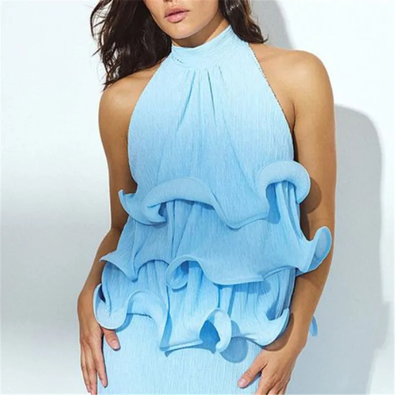Women Halter Ruffle Crop Top Backless Tie Sleeveless Textured Blouse Y2K Aesthetic Daily Wear Party Summer Streetwear