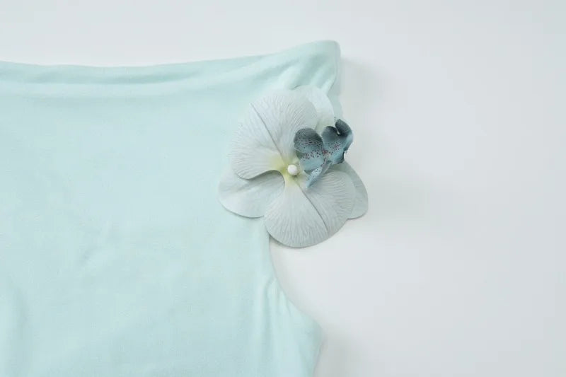 3d Flower-applique One Shoulder Sleeveless Crop Tops for Woman 2025 Sexy Ladies T Shirts Light Green