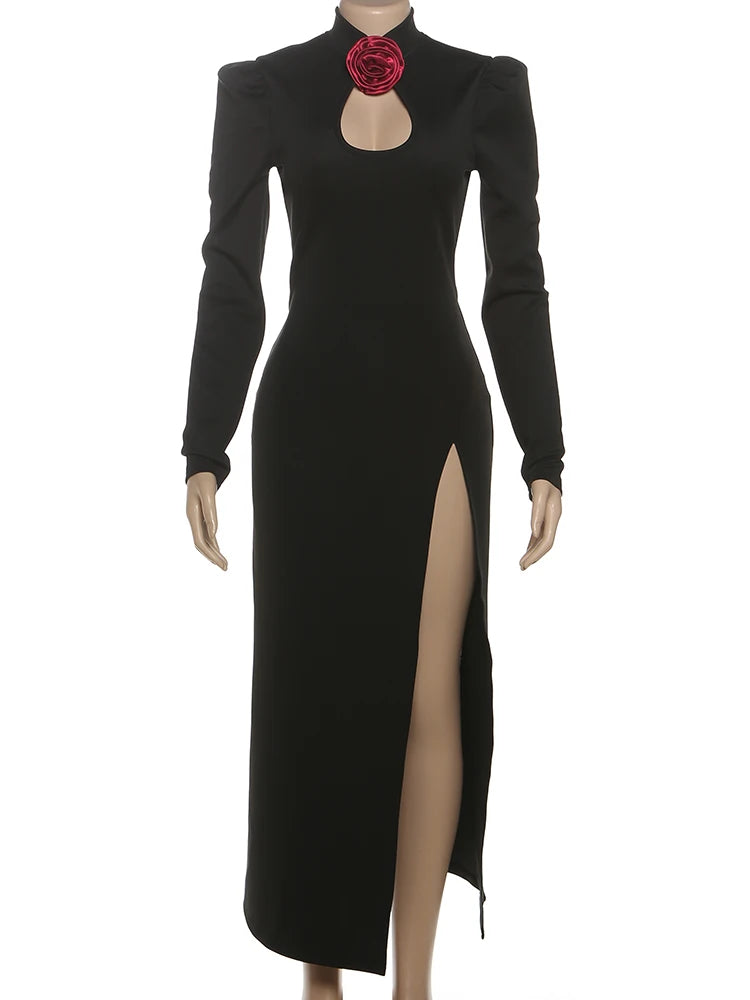 Appliques Sexy Split Dress Women Y2K Hollow Shoulder Padded Long Sleeve Elegant Evening Stretch Skinny Maxi Bodycon