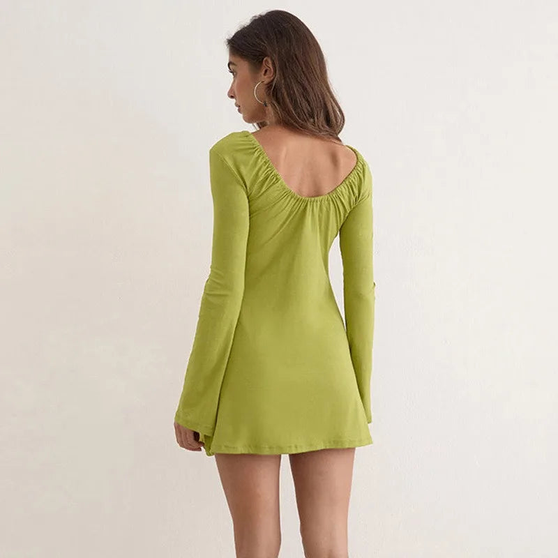 Flared Long Sleeve Mini Dresses Deep V Neck Front Tie Cutout Black Fitted Dress for Woman Clothing Fall 2026