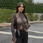Leopard Print Long Sleeve T Shirts Woman Clothing Fashion Drawstring Ruched Split Asymmetrical Crop Tops