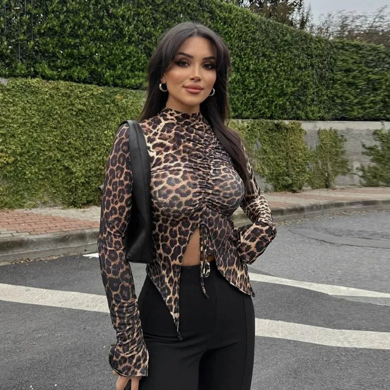 Leopard Print Long Sleeve T Shirts Woman Clothing Fashion Drawstring Ruched Split Asymmetrical Crop Tops