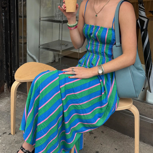 Women Striped Boho Maxi Slip Dress Sleeveless Color Block Flowy Beach Dress Square Neck Ruffle Long Sundress