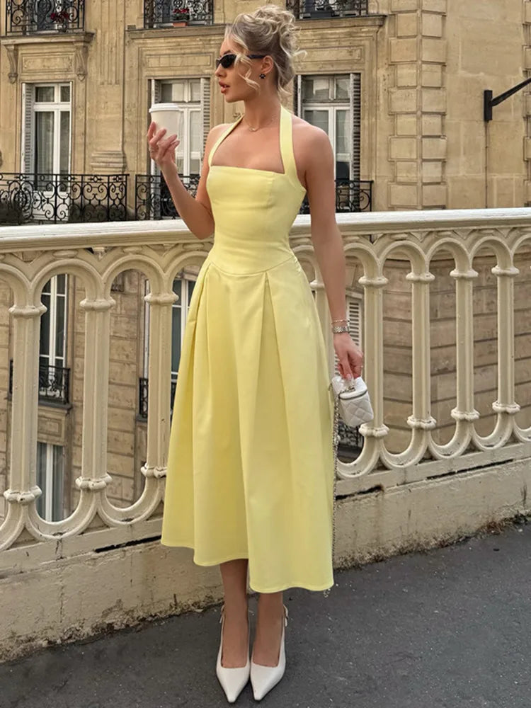 Halter Backless Sexy Midi Dress Women Fashion Solid Sleeveless High Waist A-line Club Party Pleated Long Dresses Female