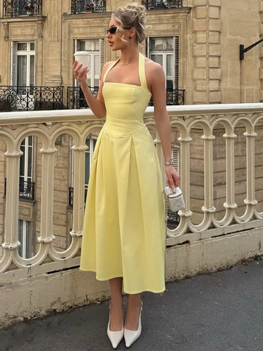 Halter Backless Sexy Midi Dress Women Fashion Solid Sleeveless High Waist A-line Club Party Pleated Long Dresses Female
