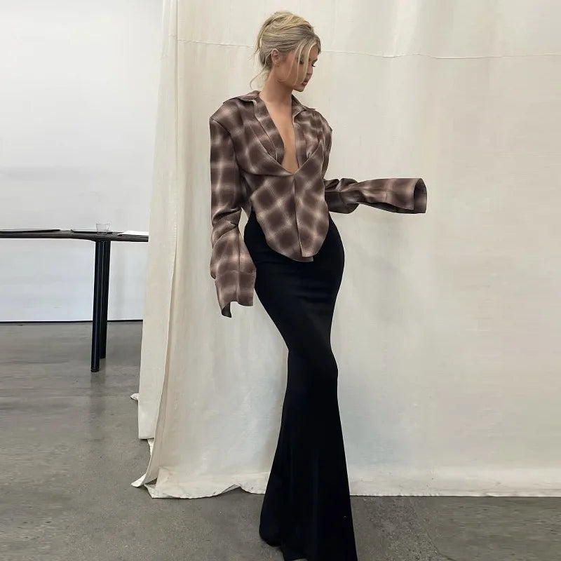 Womens Long Sleeve Shirts Vintage Plaid Print Deep V Neck Loose Blouse for Woman Clothes Fall Tops