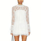Women Elegant Lace Sheer Mesh Mini Dress High Neck Long Sleeve Flounce Hem A Line Dress for Wedding Guest Nightclub