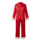Women Satin Feather Trim Pajama Set Lapel Button Front Long Sleeve Shirt + Long Pants Christmas Loungewear Sleepwear Set