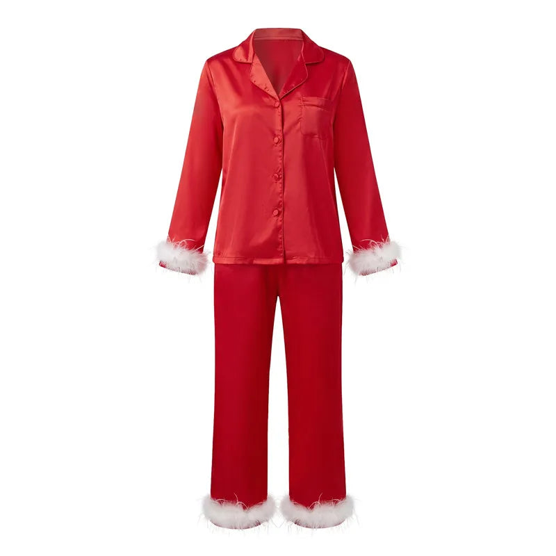 Women Satin Feather Trim Pajama Set Lapel Button Front Long Sleeve Shirt + Long Pants Christmas Loungewear Sleepwear Set