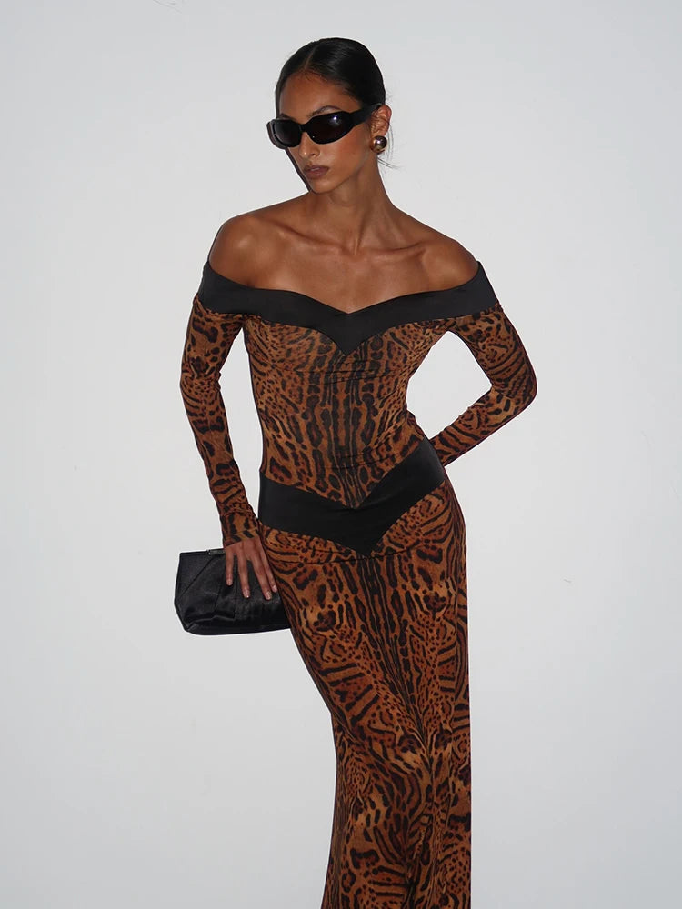 Sexy Leopard Backless Dress Women Autumn Trend Color Blocking Hollow Full Sleeve Elegant Fashion Party Street Bodycon