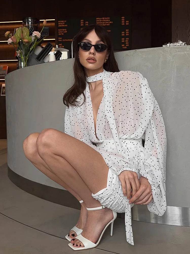 Lantern Sleeve Sexy Deep V-Neck Mesh Dress Women Trend Polka Dot Print Ruched Patchwork Chic Party Peach Hip Mini Bodycon