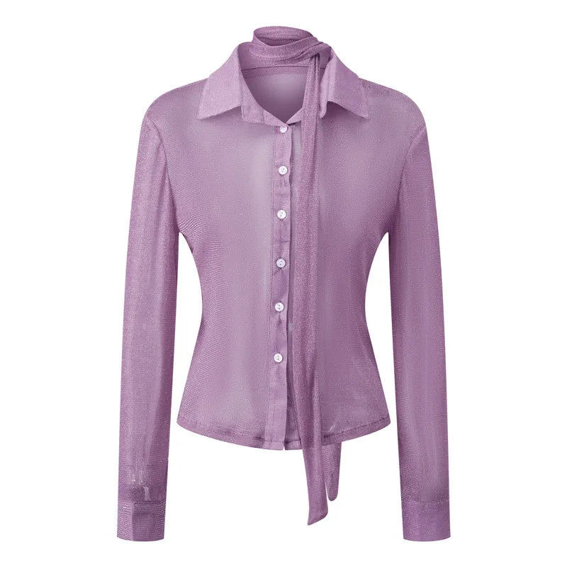 Women's Glitter Sheer Mesh Shirt Long Sleeve Choker Neck Button Down Cropped Blouse Y2K Party Clubwear See Through Top