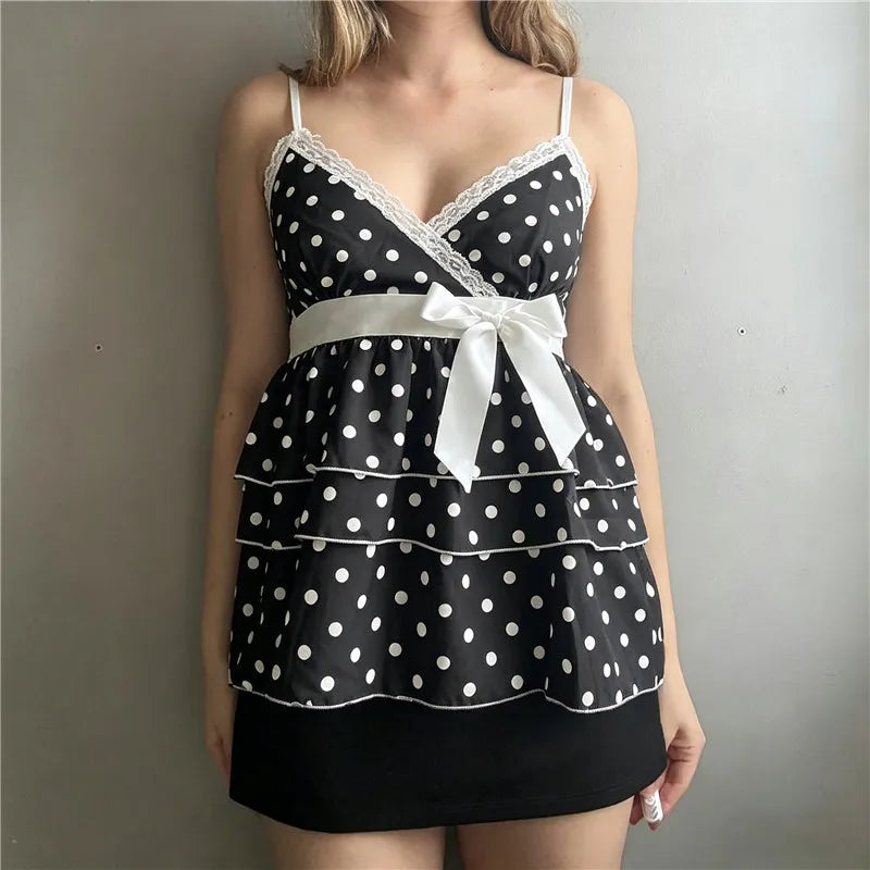 Women Polka Dot Cami Top Bow Lace Trim V Neck Tiered Layer Ruffle Babydoll Sleeveless Backless Smocked Peplum Camisole