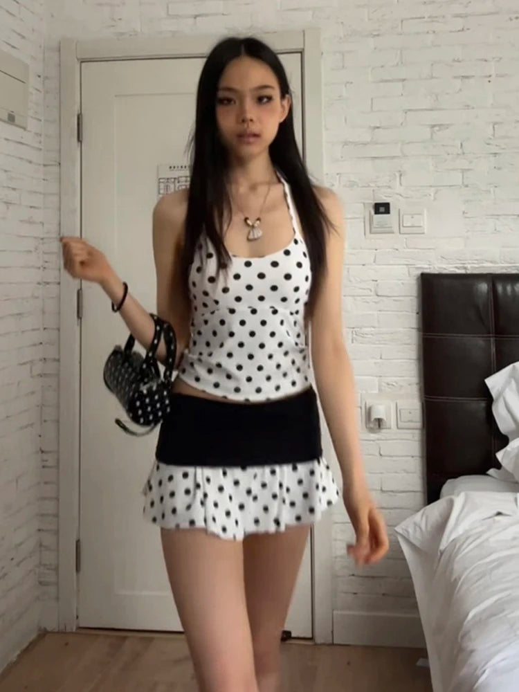 Simple Polka Dot Print 2-Piece Set Women Halter Low-Neck Camisole+Patchwork Folds Skirts Skinny Sweet Street Suit