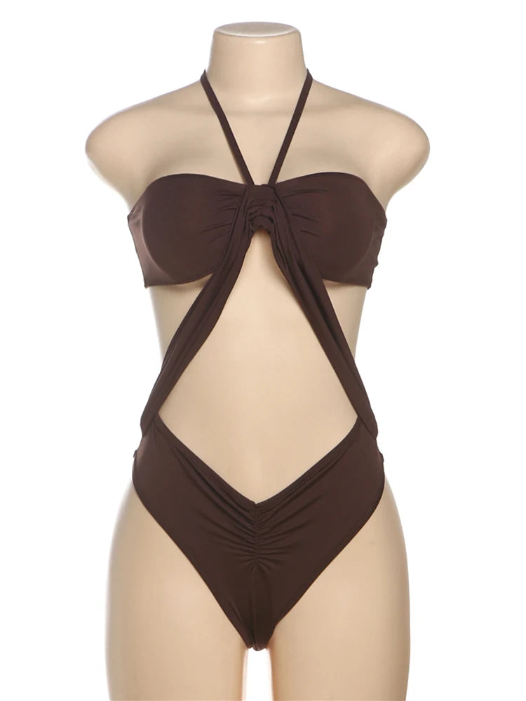 Y2K Sexy Bodysuit Women Summer Ruched shirring Halter Backless Sleeveless Beach Vacation Body Hipster Midnight Tops