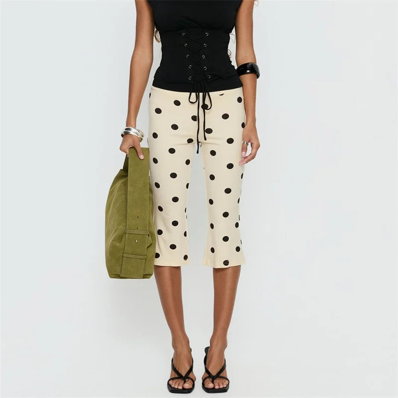 Women Y2K Polka Dot Print High Waist Cropped Pants Slim Fit Bodycon Capri Trousers Retro Streetwear Casual Daily Outfit
