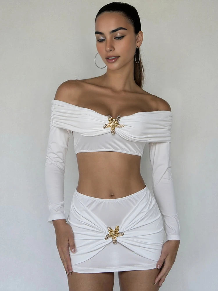 Metal Starfish Decoration 2 Piece Set Women Slash Neck Backless Crop Tops+Ruched Mini Skirt Street Elegant Style Suit