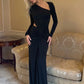 Women Elegant Maxi Dress Asymmetrical One Shoulder Long Sleeve Waist Cutout Ruched Bodycon Long Evening Party Dresses