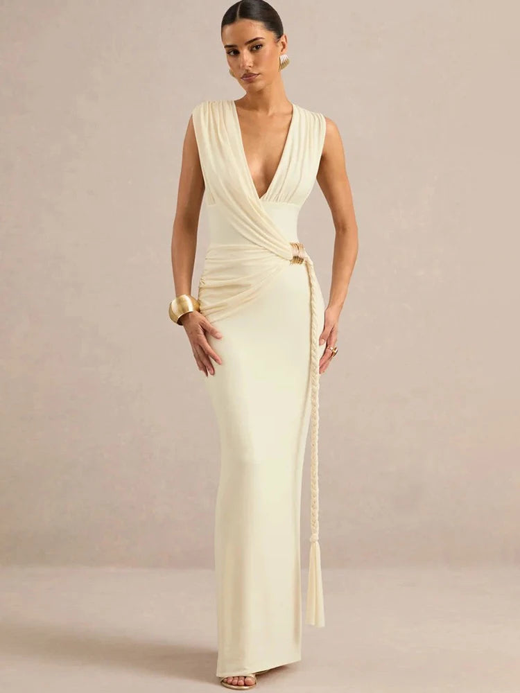 Women Deep V Neck Sleeveless Sexy Maxi Dress Wrap Ruched Bodycon Long Dress Elegant Evening Club Party Formal Gown