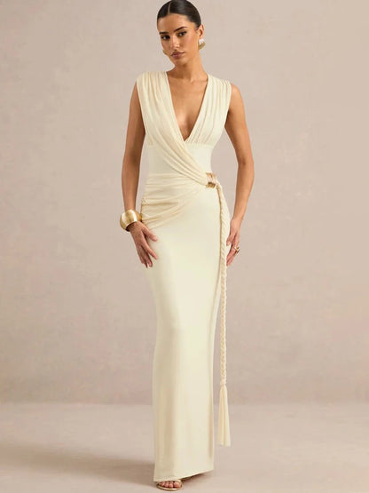 Women Deep V Neck Sleeveless Sexy Maxi Dress Wrap Ruched Bodycon Long Dress Elegant Evening Club Party Formal Gown