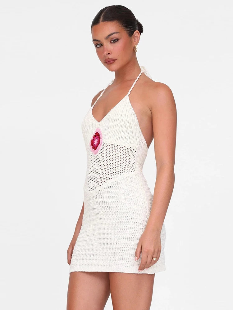 See Through Dress Women Hollow Knit Halter Patchwork Lace-Up Backless Sleeveless Midnight Club Party Mini Bodycon