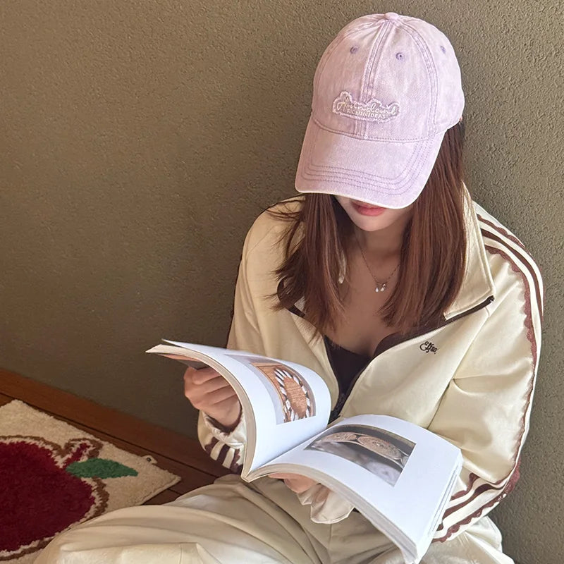 Vintage Washed Fashion Raw Edge Letter Embroidery Soft Top Baseball Cap Fashion Versatile for Women