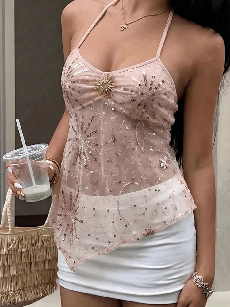 Pentagram Sequin Camisole Women Patchwork Mesh Folds Low-Neck Halter Bandage Sexy Midnight Hottie Summer Clubwear