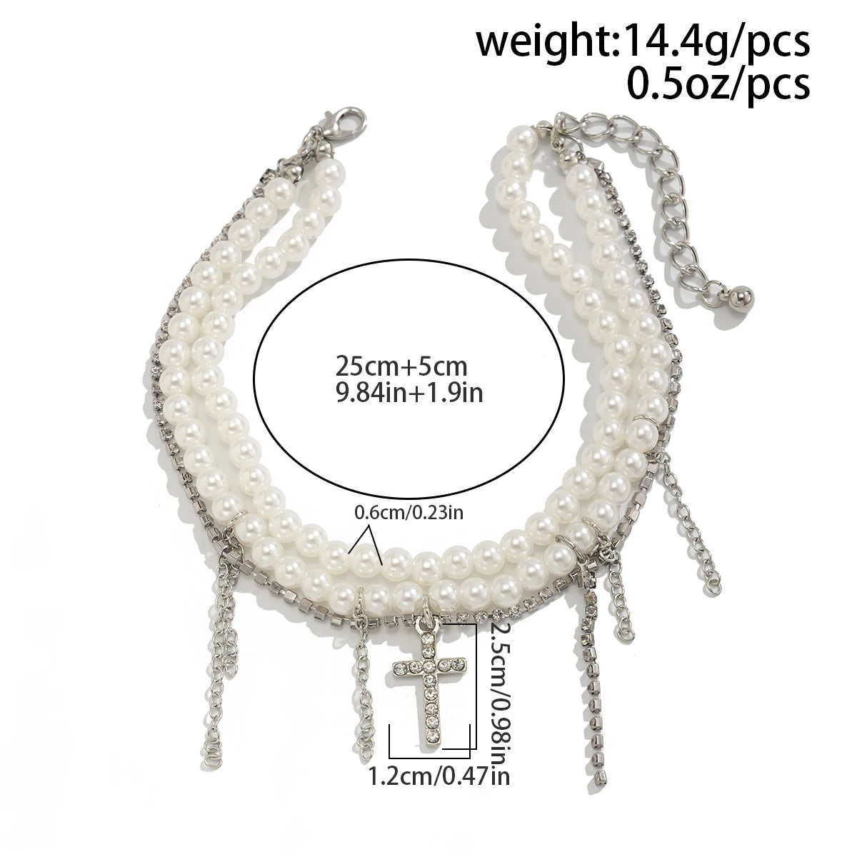 Unique Cross Rhinestone Tassels Pendant Anklet Women Elegant Multilayer Imitation Pearl Foot Chain Summer Charm Jewelry